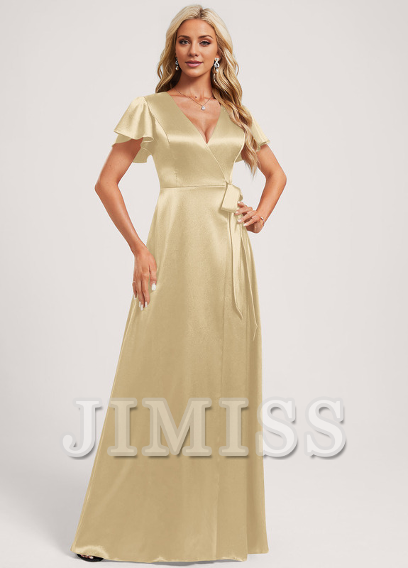A-Line V-Neck Floor-Length Stretch Satin Bridesmaids Dress