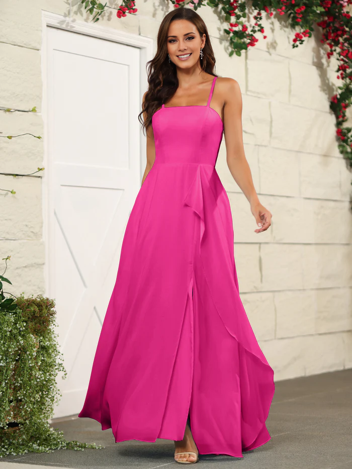 Beautiful chiffon thin shoulder strap and floor length bridesmaid dress