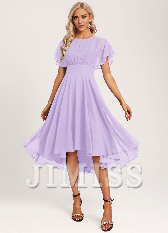 Ruffled A-line Spoon Asymmetric Chiffon Bridesmaids Dress
