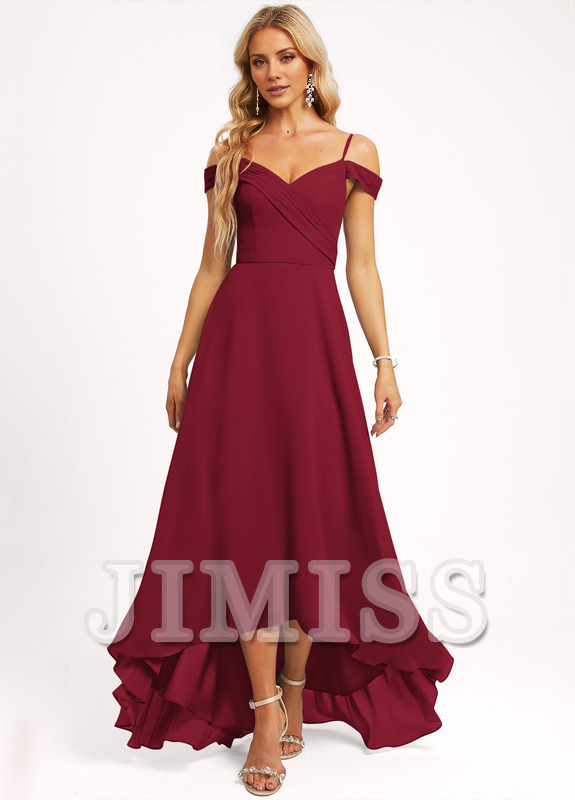 A-line off-shoulder asymmetric chiffon bridesmaid dress