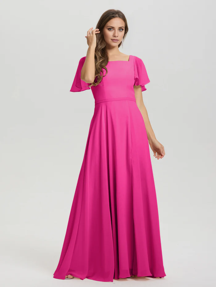 A-line square collar ruffled short sleeved and ground chiffon/ground length bridesmaid dress