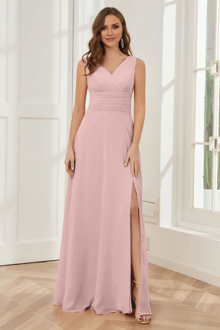 V-neck sleeveless chiffon side slit and floor length bridesmaid dress