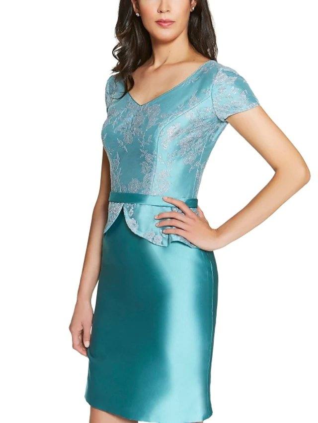 Two Piece Sheath / Column Mother of the Bride Dress Elegant Vintage Jewel Neck Knee Length Taffeta 3/4 Length Sleeve with Lace Bow(s) - RongMoon