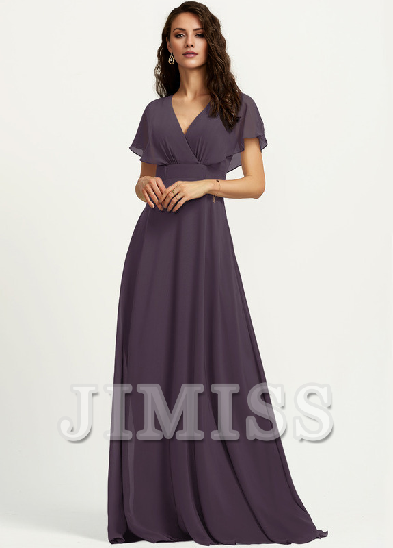 A-line V-neck floor-length chiffon bridesmaid dress