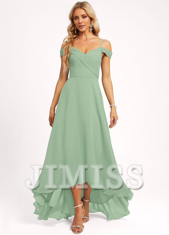 A-line off-shoulder asymmetric chiffon bridesmaid dress