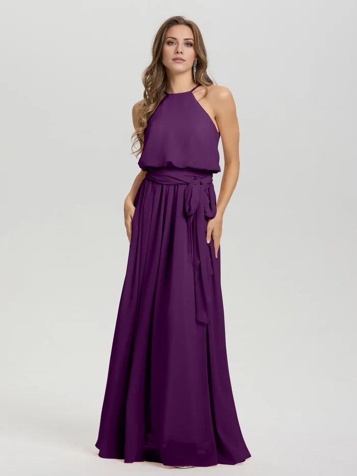 Hanging neck low round neck sleeveless chiffon and floor length Bridesmaid dresses