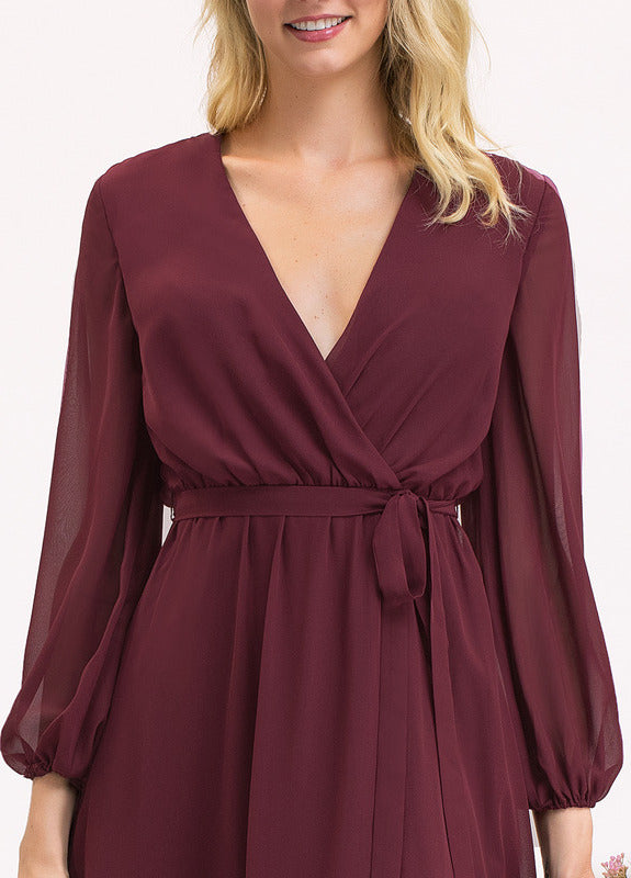 A-Line V-Neck Floor Length Chiffon Bow Pleated Bridesmaids Dress