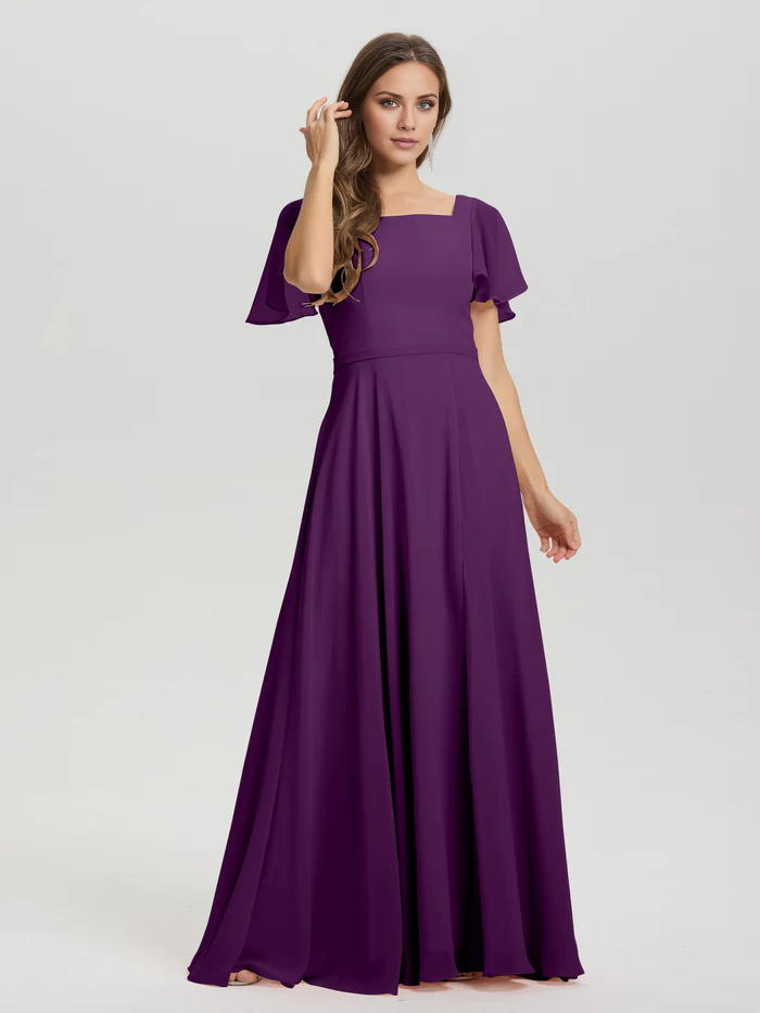 A-line square collar ruffled short sleeved and ground chiffon/ground length bridesmaid dress