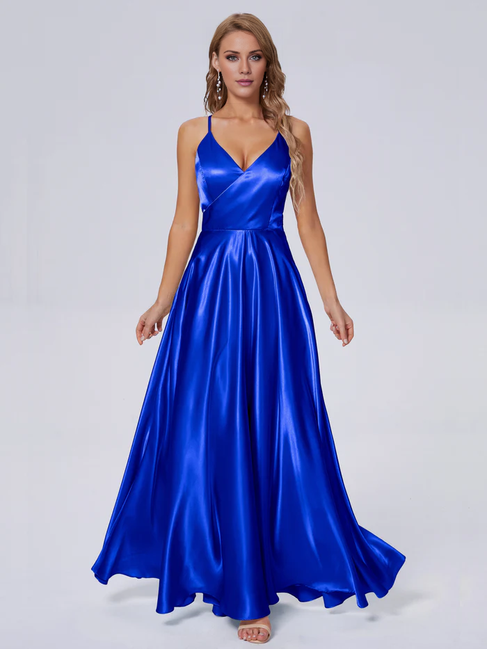 Elegant shoulder strap soft satin and floor length bridesmaid dress
