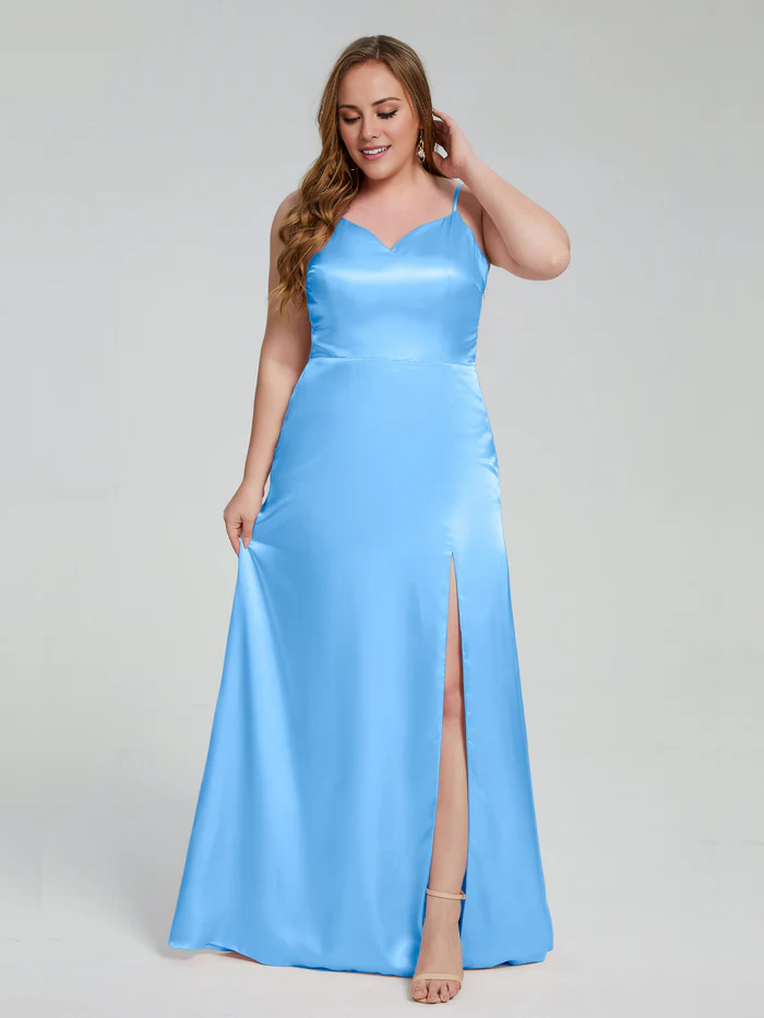 Split plus size soft satin and floor length bridesmaid dress