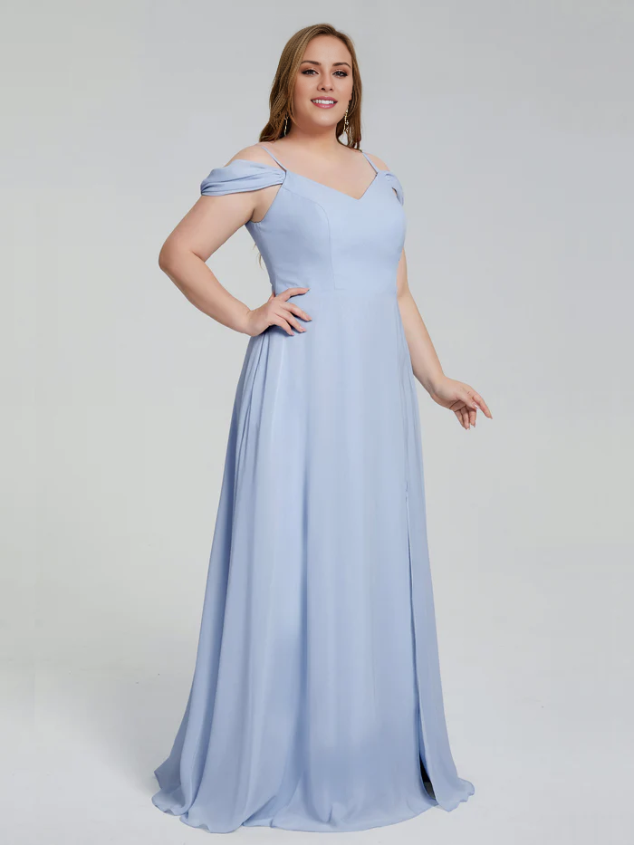 Thin shoulder strap plus size and floor length bridesmaid dress