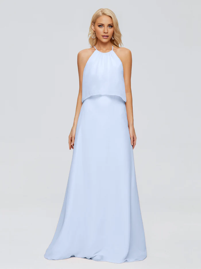 Post neck chiffon and floor length bridesmaid dress