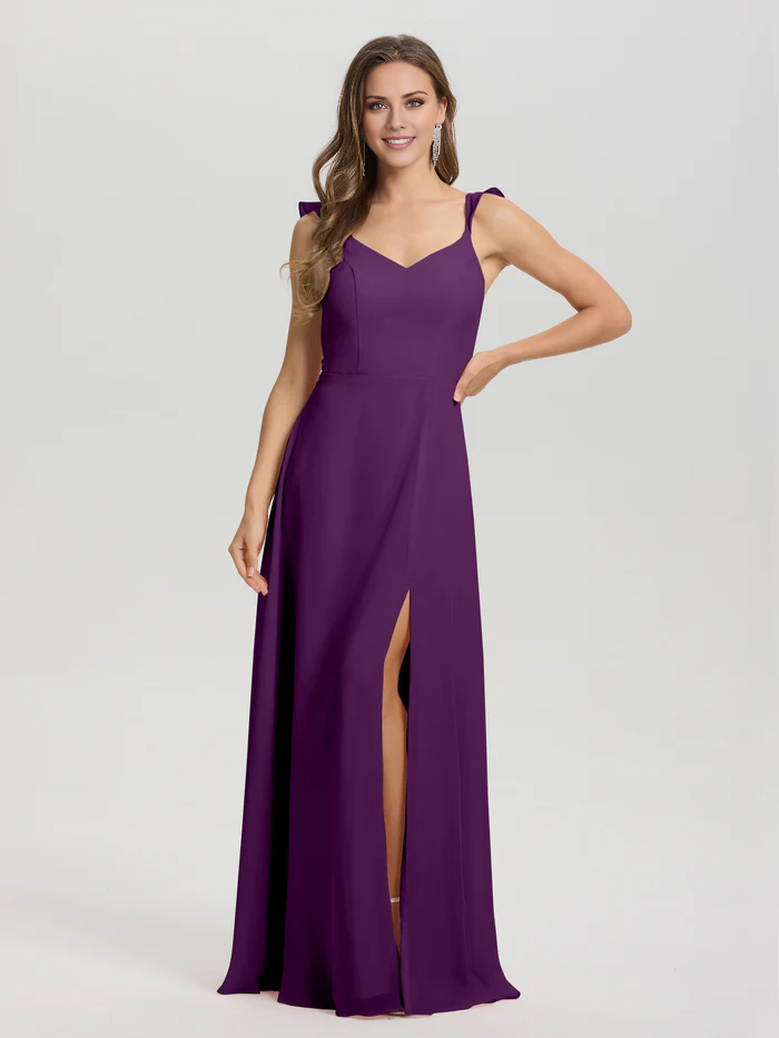 V-neck shoulder strap tied chiffon slit and floor length bridesmaid dress