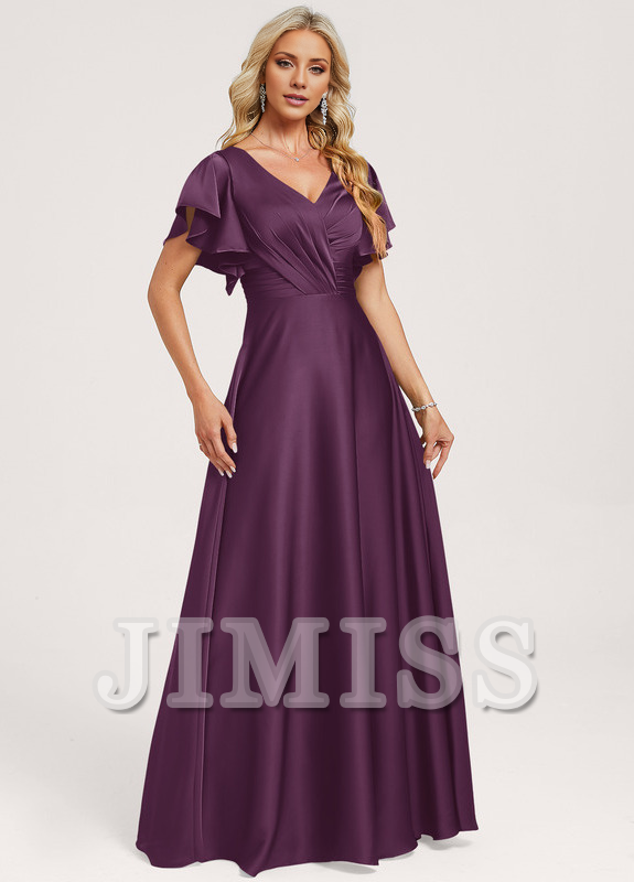 Ruffled A-line V-neck Floor-length Satin Bridesmaids Dress