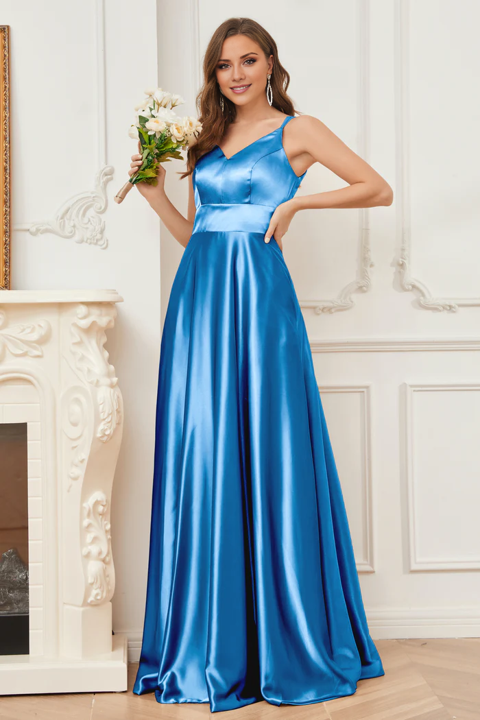 Thin shoulder strap V-neck soft satin and floor length bridesmaid dress