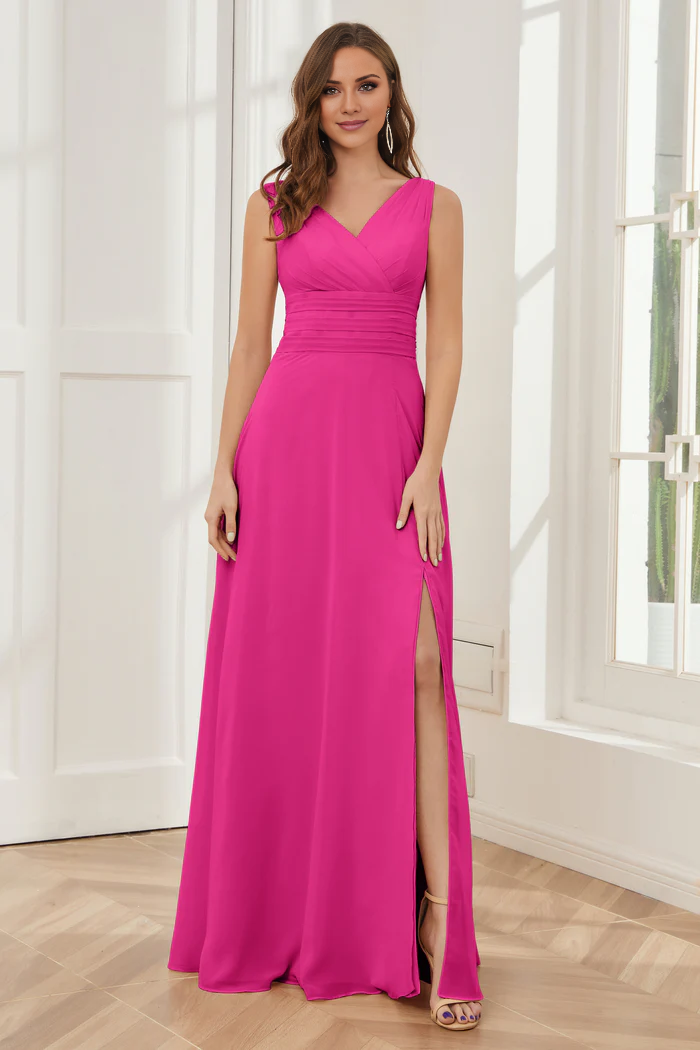 V-neck sleeveless chiffon side slit and floor length bridesmaid dress
