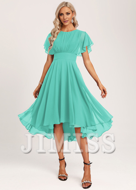 Ruffled A-line Spoon Asymmetric Chiffon Bridesmaids Dress
