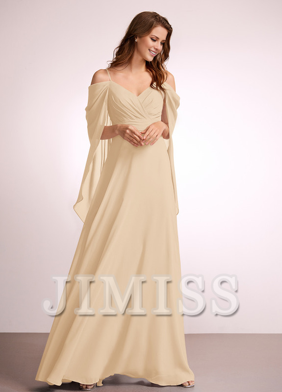 A-line off-shoulder floor-length chiffon bridesmaid dress