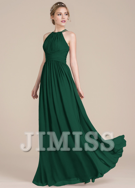 Lotus leaf A-line low round neck chiffon bridesmaid dress
