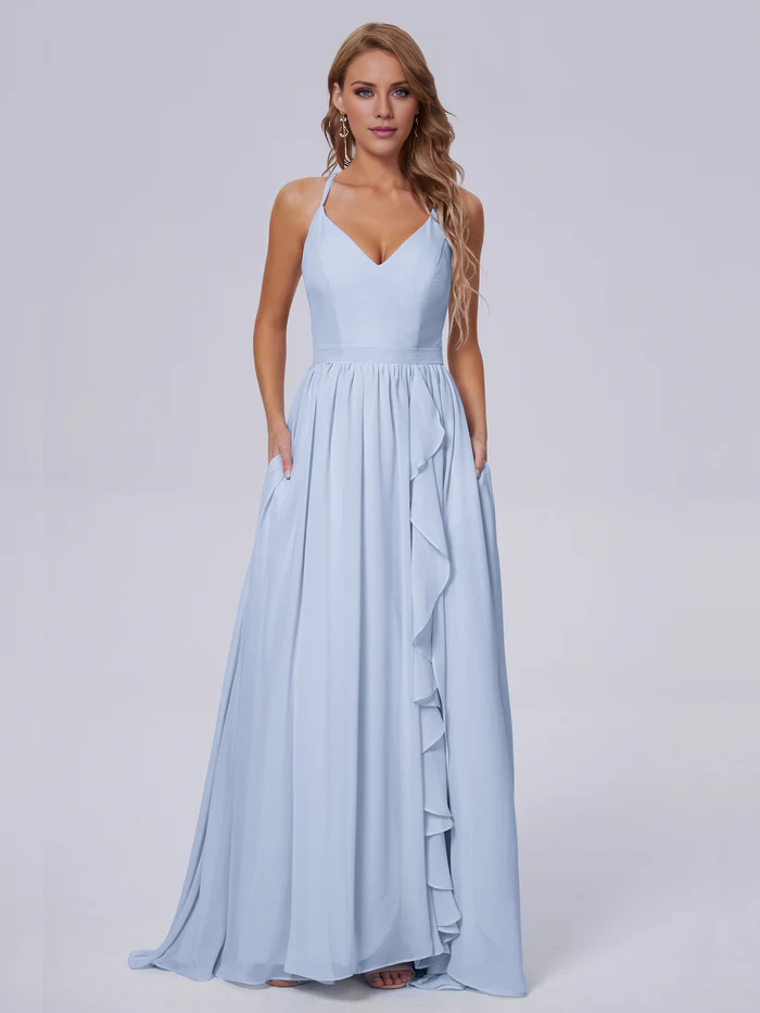 Elegant shoulder strap chiffon and floor length bridesmaid dress
