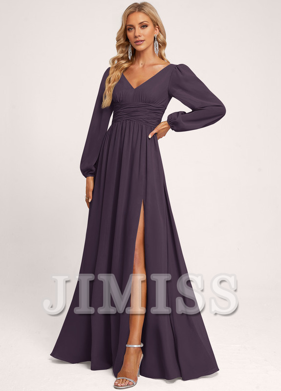 Ruffled A-line V-neck Floor-length Chiffon Bridesmaids Dress