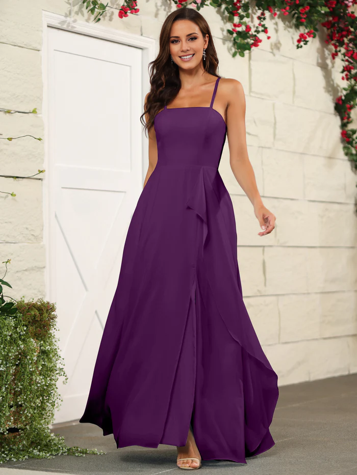 Beautiful chiffon thin shoulder strap and floor length bridesmaid dress