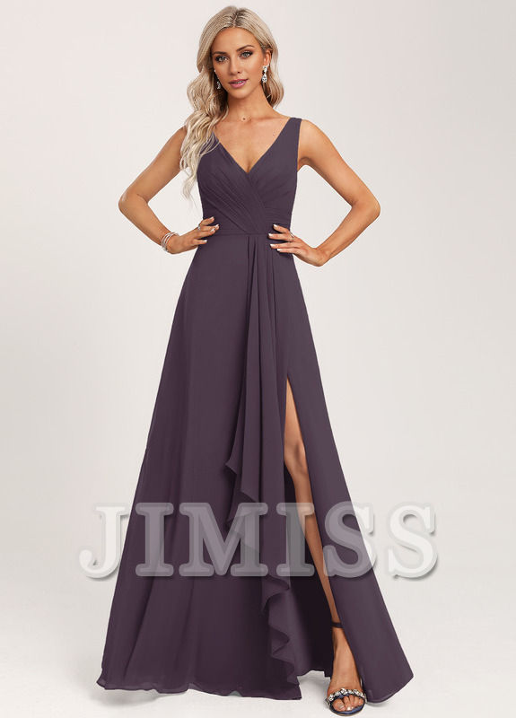 Ruffled A-line V-neck Floor-length Chiffon Bridesmaids Dress