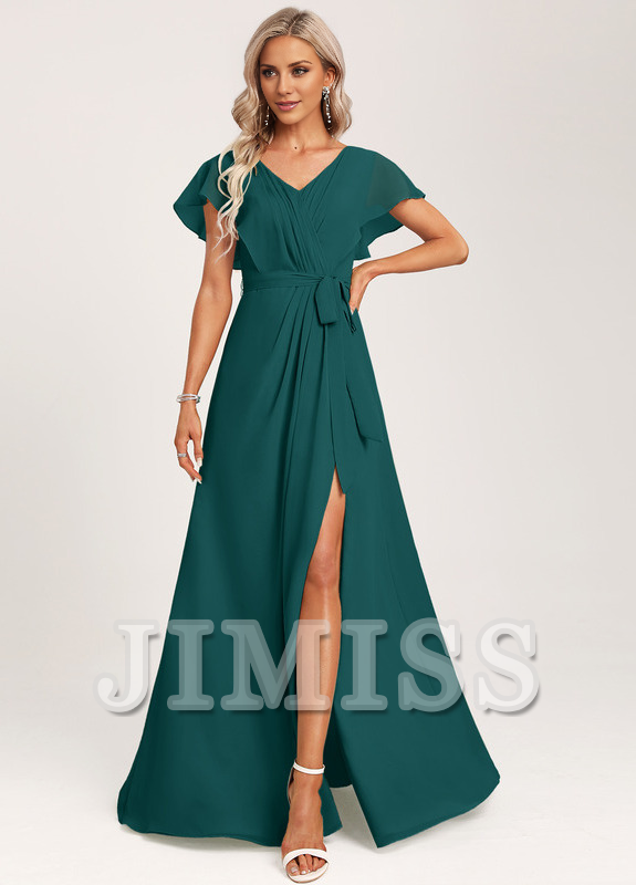 Ruffled A-line V-neck Floor-length Chiffon Bridesmaids Dress