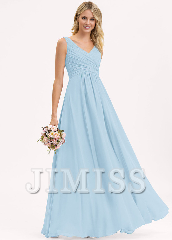 A-line V-neck floor-length chiffon pleated bridesmaid dress