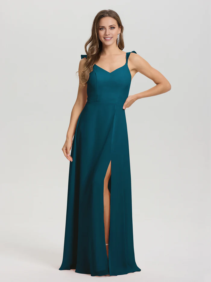 V-neck shoulder strap tied chiffon slit and floor length bridesmaid dress