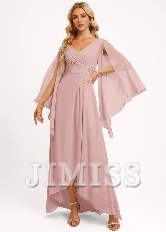 Ruffled A-line V-neck Asymmetric Chiffon Bridesmaids Dress