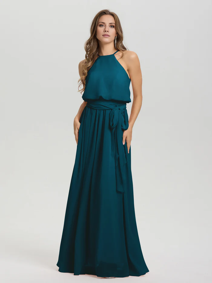 Hanging neck low round neck sleeveless chiffon and floor length Bridesmaid dresses