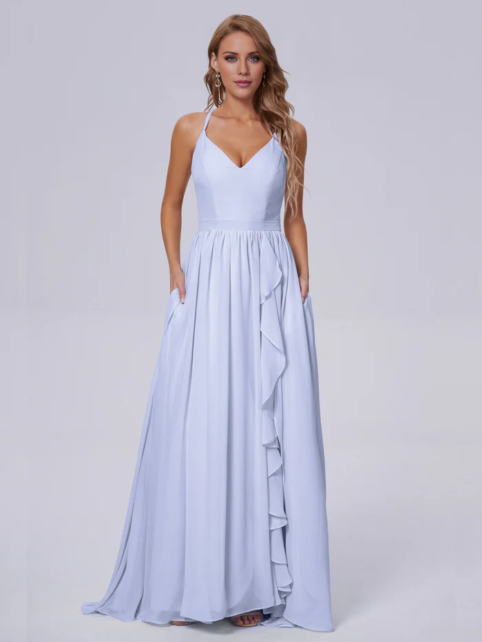 Elegant shoulder strap chiffon and floor length bridesmaid dress
