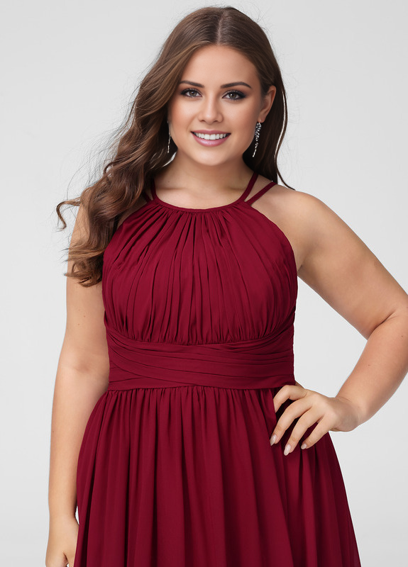 Lotus leaf A-line low round neck chiffon bridesmaid dress
