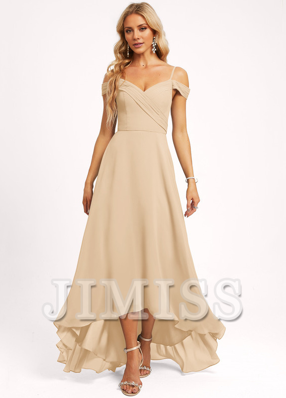 A-line off-shoulder asymmetric chiffon bridesmaid dress