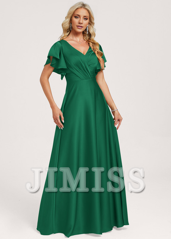 Ruffled A-line V-neck Floor-length Satin Bridesmaids Dress