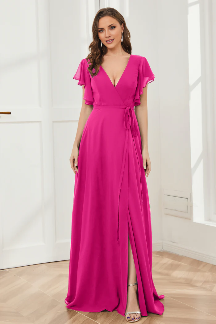 V-neck ruffled sleeve chiffon slit and floor length bridesmaid dress