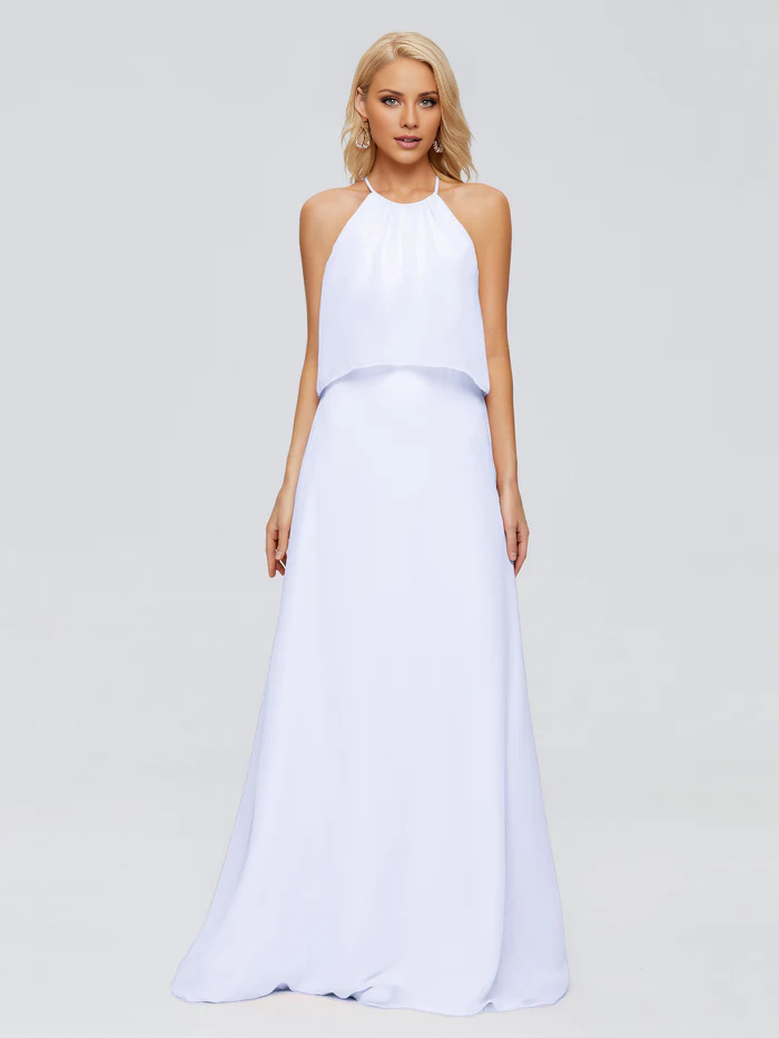 Post neck chiffon and floor length bridesmaid dress