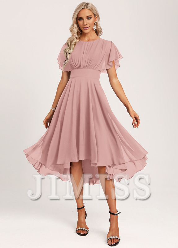 Ruffled A-line Spoon Asymmetric Chiffon Bridesmaids Dress