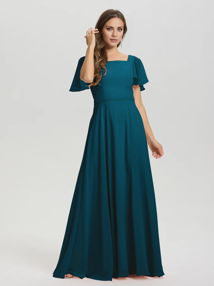 A-line square collar ruffled short sleeved and ground chiffon/ground length bridesmaid dress