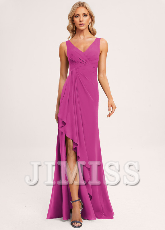 Ruffled A-line V-neck Floor-length Chiffon Bridesmaids Dress