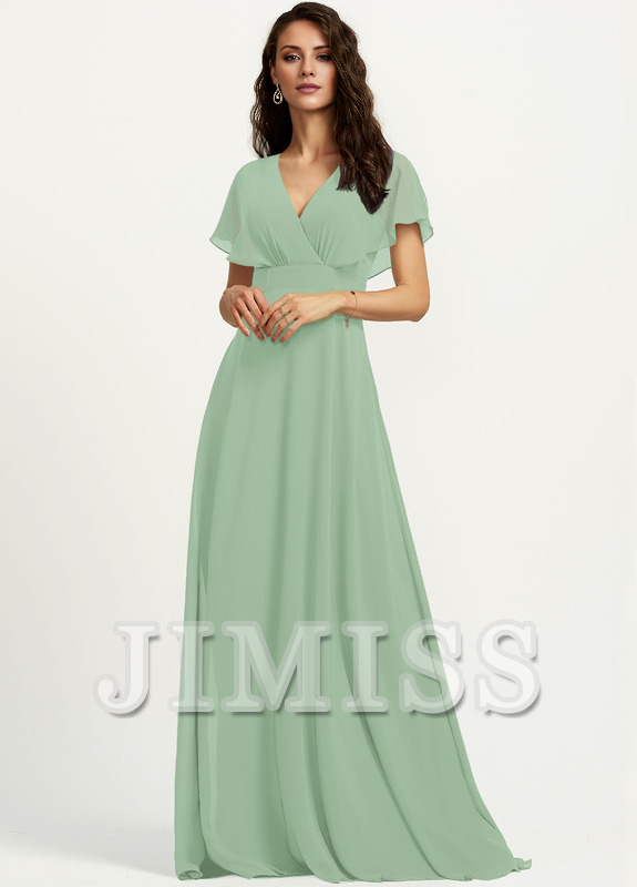 A-line V-neck floor-length chiffon bridesmaid dress