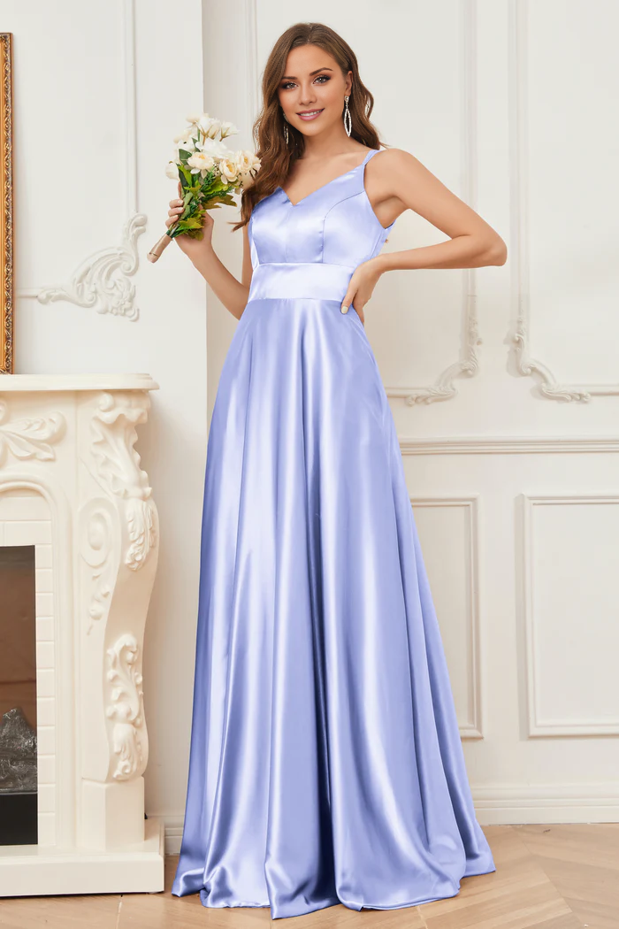 Thin shoulder strap V-neck soft satin and floor length bridesmaid dress