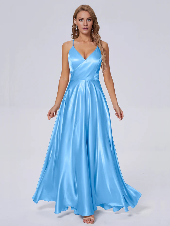 Elegant shoulder strap soft satin and floor length bridesmaid dress