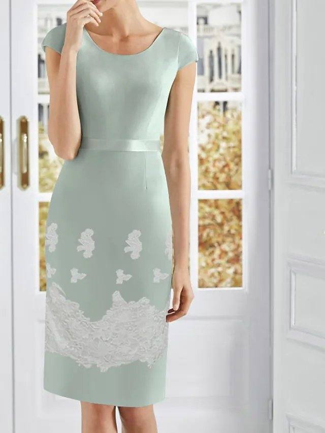 Two Piece Sheath / Column Mother of the Bride Dress Elegant Jewel Neck Knee Length Lace Satin 3/4 Length Sleeve with Appliques - RongMoon