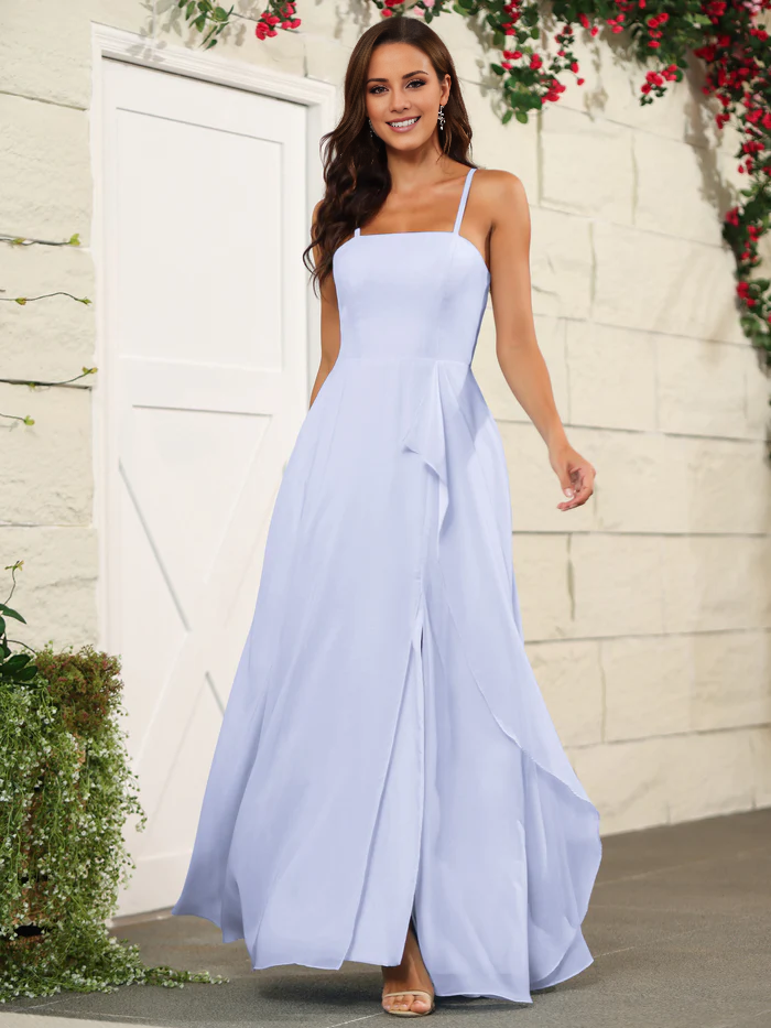 Beautiful chiffon thin shoulder strap and floor length bridesmaid dress