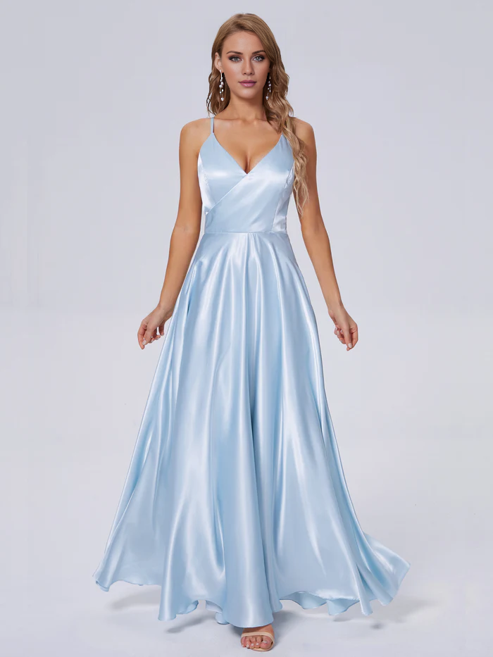 Elegant shoulder strap soft satin and floor length bridesmaid dress