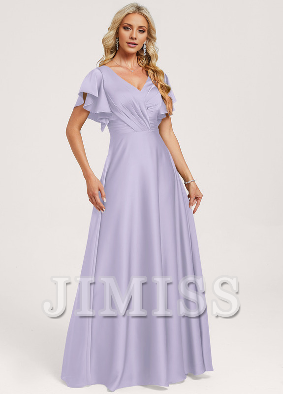 Ruffled A-line V-neck Floor-length Satin Bridesmaids Dress