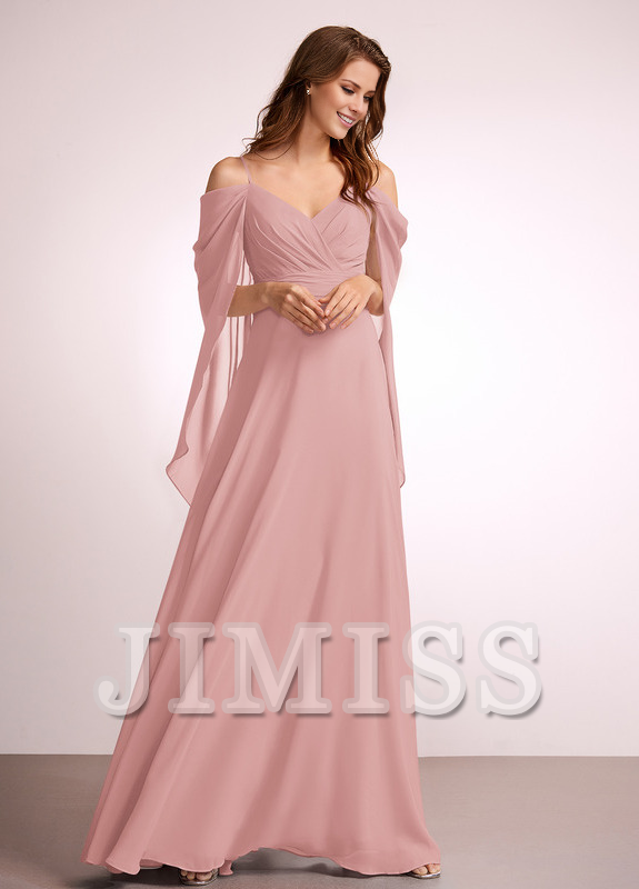 A-line off-shoulder floor-length chiffon bridesmaid dress