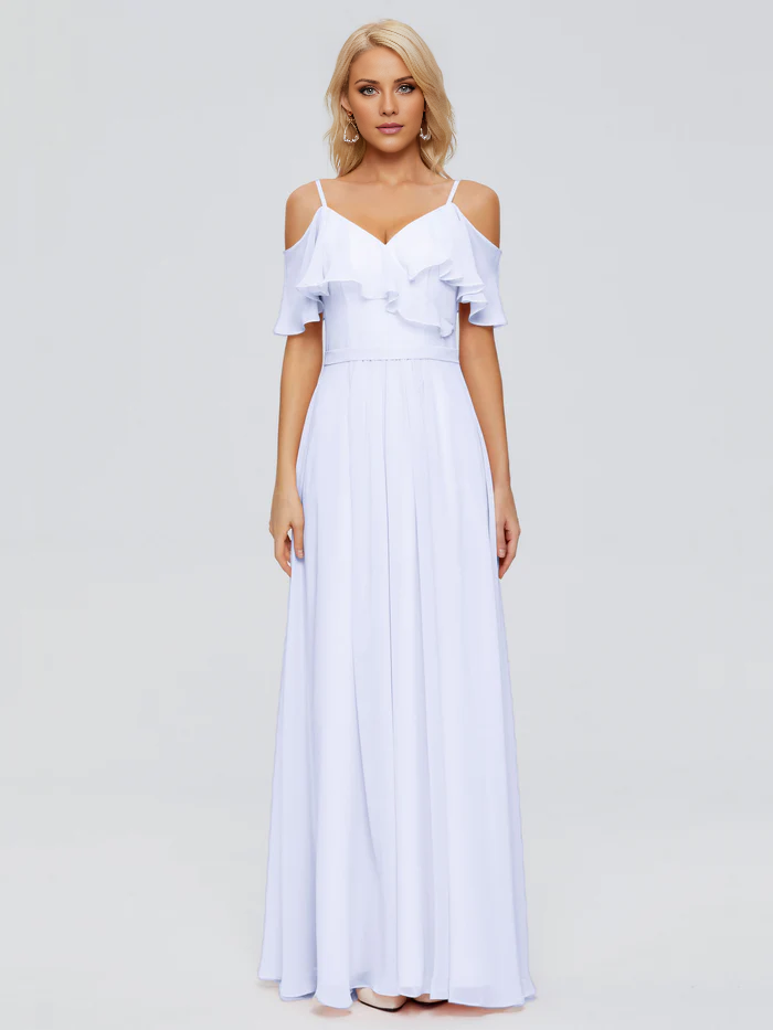 Thin shoulder strap ruffled chiffon and floor length bridesmaid dress